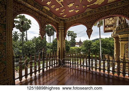 Stock Photograph - Portico of the Haw Pha Bang Temple at the Royal Palace grounds; Luang Prabang, Laos. Fotosearch