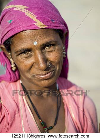 Stock Photograph - Portrait of an Indian woman with a bindi; Jaisalmer, Rajasthan, India. Fotosearch