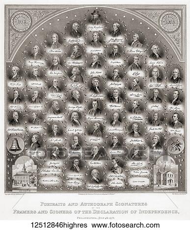 Stock Photograph - Portraits and autograph signatures of the framers and signers of the American Declaration of Independence in Philadelphia July 4, 1776. After a 19th century lithograph.. Fotosearch