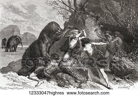 Stock Photograph - Prehistoric men fighting a great bear. From L'Homme Primitif, published 1870.. Fotosearch