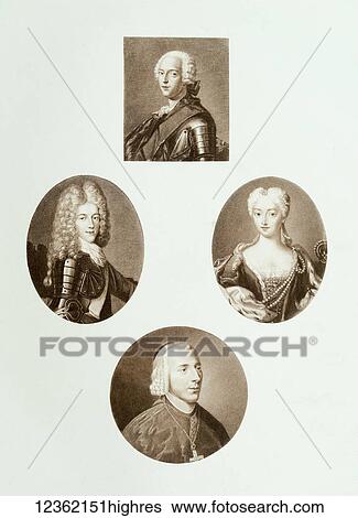 Stock Photograph - Prince Charles Edward book by Andrew Lang. Printed in 1900 only 1, 500 copies printed. This image is from copy number 220. The plates were engraved by Manzi Joyant & Co at Asnieres-sur-Seine, near Paris. Group of four minatures, Prince Charles.... Fotosearch