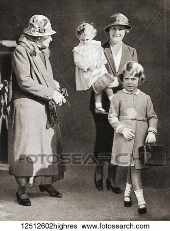Stock Photograph - Princess Elizabeth of York and her sister Princess Margaret Rose with their nannies, left, Clara Knight, known as 'Allah' and right Margaret Bobo Macdonald in 1932. Princess Elizabeth of York, future Elizabeth II, born 1926. Queen of the United.... Fotosearch