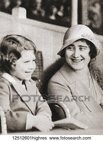 Stock Photograph - Princess Elizabeth of York with her mother the Duchess of York at the rehearsal of the Aldershot Tattoo in 1932. Princess Elizabeth of York, future Elizabeth II, born 1926. Queen of the United Kingdom. Duchess of York, future Queen Elizabeth, The.... Fotosearch