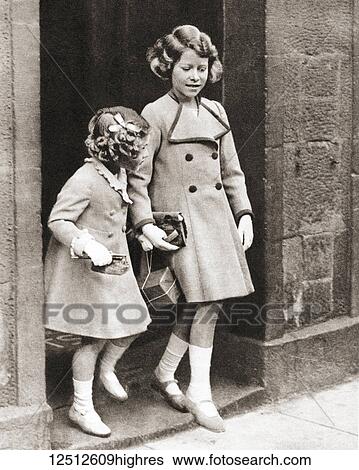 Stock Photograph - Princess Elizabeth, right, and her sister Princess Margaret in 1935. Princess Elizabeth of York, future Elizabeth II, born 1926. Queen of the United Kingdom. Princess Margaret, future Countess of Snowden, 1930 2002. From The Coronation Book of.... Fotosearch