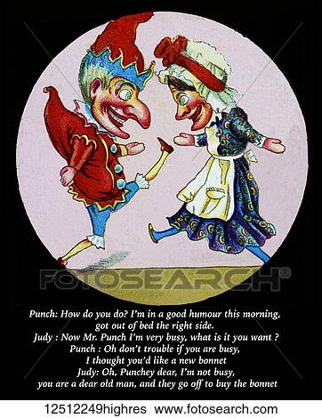 Stock Photograph - Punch and Judy Show, Magic lantern slide, circa 1900, hand coloured. Fotosearch