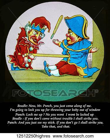 Stock Photograph - Punch and Judy Show, Magic lantern slide, circa 1900, hand coloured. Fotosearch