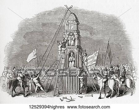 Stock Photograph - Puritans destroying the Cheapside Cross aka Eleanor Cross, London, England in 1643. From Old England: A Pictorial Museum, published 1847.. Fotosearch