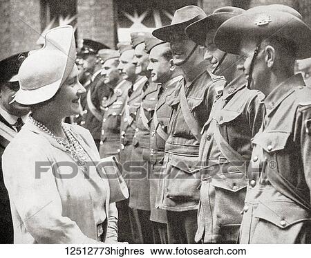 Stock Photograph - Queen Elizabeth greeting Australian troops in Britain in 1940, during World War Two. Queen Elizabeth, The Queen Mother. Elizabeth Angela Marguerite Bowes-Lyon, 1900 2002. Wife of King George VI and mother of Queen Elizabeth II.. Fotosearch