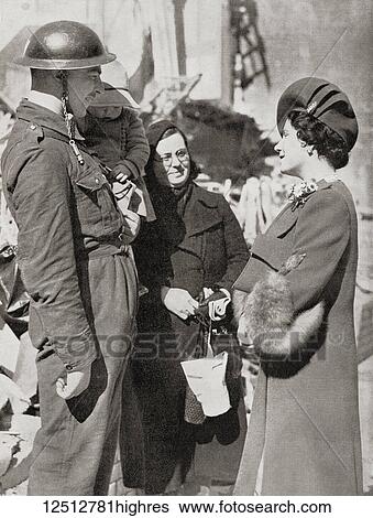 Stock Photograph - Queen Elizabeth visiting Britain's bombed towns during WWII, seen here in Plymouth. Queen Elizabeth, The Queen Mother. Elizabeth Angela Marguerite Bowes-Lyon, 1900 2002. Wife of King George VI and mother of Queen Elizabeth II.. Fotosearch