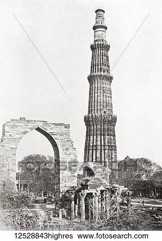 Stock Photograph - Qutub Minar is a minaret that forms part of the Qutb complex, Delhi, India, seen here c. 1900. From The Wonders of the World, published c. 1920.. Fotosearch