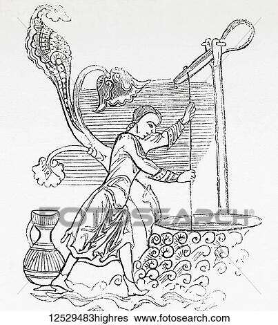 Stock Photograph - Raising water from a well with a loaded lever in the middle ages. From Old England: A Pictorial Museum, published 1847.. Fotosearch