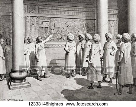 Stock Photograph - Rajaraja Chola I inspects the bas-relief of his exploits at the Brihadeeswarar Temple, Thanjavur, Tamil Nadu, India in 995 AD. Raja Raja Chola I aka Rajaraja Chola I. Renowned king who ruled over the Chola kingdom of southern India between 985 and.... Fotosearch