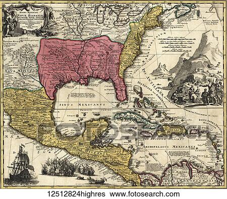 Stock Photograph - Regni Mexicani seu Novae Hispaniae, Floridae, Novae Angliae, Carolinae, Virginiae and Pensylvaniae. After a map dating from 1720 by German map-maker Johann Baptiste Homann.. Fotosearch