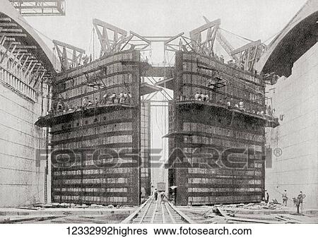 Stock Photograph - Riveters at work on the lock gates at Miraflores, Panama Canal, 1910. From Hutchinson's History of the Nations, published 1915.. Fotosearch