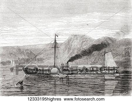Stock Photograph - Robert Fulton's The North River Steamboat of Claremont navigating from New York to Albany on the Hudson River, United States of America, 1807. From Les Merveilles de la Science, published 1870.. Fotosearch