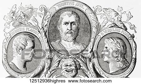 Stock Photograph - Roman authors. From left to right, Horace, Terence and Virgil. Quintus Horatius Flaccus, 65 - 8 BC, aka Horace. Leading Roman lyric poet. Publius Terentiu, c. 195/185 c. 159 BC, aka Terence. Roman playwright. Publius Vergilius Maro, 70-19 BC,.... Fotosearch
