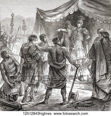 Stock Photograph - Roman consul Titus Manlius Torquatus condemning his son to death for leaving his post in battle. Titus Manlius Torquatus, Roman consul 347 BC. From Ward and Lock's Illustrated History of the World, published c. 1882.. Fotosearch