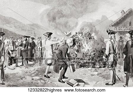 Stock Photograph - Rousseau's Contrat Social publicly burned at Geneva, Switzerland in 1763. Jean-Jacques Rousseau, 1712 1778. Francophone Genevan philosopher, writer, and composer. From Hutchinson's History of the Nations, published 1915.. Fotosearch