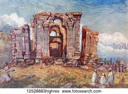 Stock Photograph - Ruins of The Martand Sun Temple, Kashmir, India, built in the 8th century. From The Wonders of the World, published c. 1920.. Fotosearch