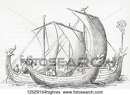 Stock Photograph - Saxon ships, after an engraving in Strutt's Chronicle of England. From Old England: A Pictorial Museum, published 1847.. Fotosearch