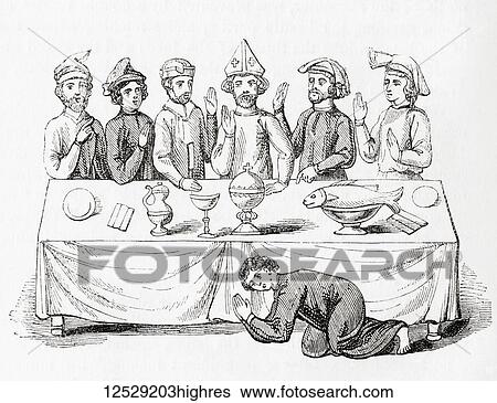 Stock Photograph - Saying grace before a meal in the Middle Ages, the servant says grace on the floor in front of the table. From Old England: A Pictorial Museum, published 1847.. Fotosearch