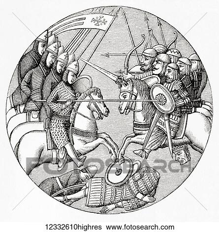 Stock Photograph - Scene from The Battle of Ascalon, August 12, 1099, the last action of the First Crusade. From Meyers Lexicon, published 1927.. Fotosearch