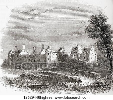 Stock Photograph - Seton Castle, Seton, Scotland built on the site of Seton Palace which was a popular retreat for Mary, Queen of Scots before being demolished in 1789. From Old England: A Pictorial Museum, published 1847.. Fotosearch
