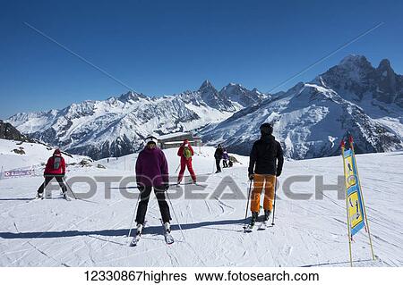Stock Photograph - Skiers At Brevent-Flegere Ski Area; Chamonix, France. Fotosearch