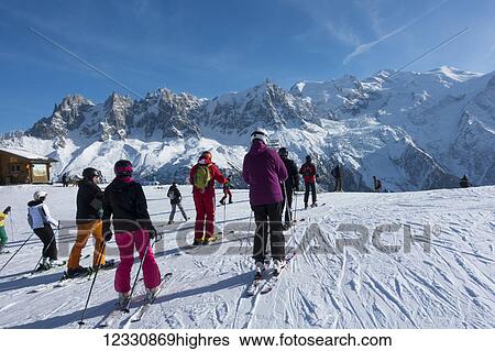 Stock Photograph - Skiers At Brevent-Flegere Ski Area; Chamonix, France. Fotosearch