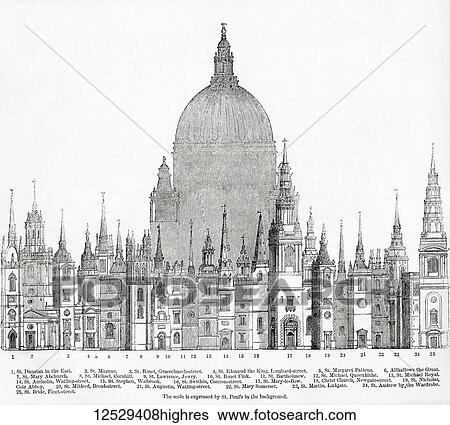 Stock Photograph - Some of the principal towers and steeples built by Sir Christopher Wren, the scale is shown by St. Paul's in the background. From Old England: A Pictorial Museum, published 1847.. Fotosearch