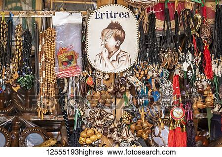 Stock Photograph - Souvenirs for sale at the Mercato of the indigenous people; Asmara, Central Region, Eritrea. Fotosearch