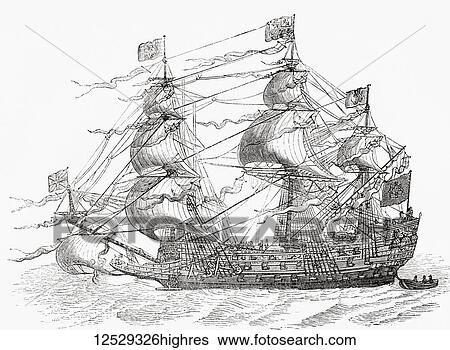 Stock Photograph - Sovereign of the Seas, a 17th-century warship of the English Royal Navy. From Old England: A Pictorial Museum, published 1847.. Fotosearch