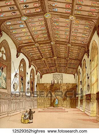 Stock Photograph - St. George's Hall, Windsor Castle, Windsor, England. From Old England: A Pictorial Museum, published 1847.. Fotosearch