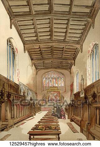 Stock Photograph - St. John's College Old Chapel, Cambridge University, Cambridge, England before its demolition. From Old England: A Pictorial Museum, published 1847.. Fotosearch