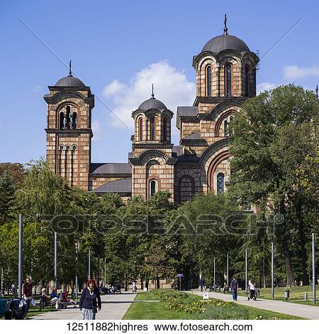 Stock Photograph - St. Mark's Church, a Serbian Orthodox Church in Tasmajdan Park; Belgrade, Vojvodina, Serbia. Fotosearch