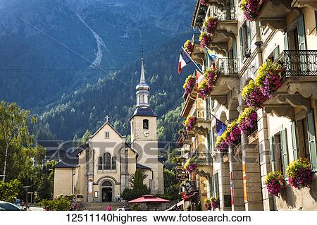 Stock Photograph - St Michel Church in Chamonix city centre; Chamonix-Mont-Blanc, Haute-Savoie, France. Fotosearch