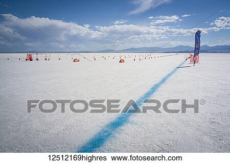 Stock Photograph - Staging lanes at starting line on Bonneville Salt Flats of Bonneville Speed Week 2017; Wendover, Utah, United States of America. Fotosearch