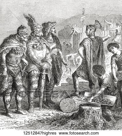 Stock Photograph - Stilicho negotiating with the Goths, c400. Flavius Stilicho occasionally written as Stilico, c. 359 408. High-ranking general (magister militum) in the Roman army. From Ward and Lock's Illustrated History of the World, published c. 1882.. Fotosearch