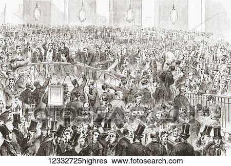 Stock Photograph - Stockbrokers basket trading in the French Stock Exchange, 19th century. From L'Univers Illustre published 1867.. Fotosearch