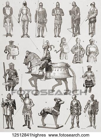 Suits of armour. 14th century. 1. Spanish 2. Full French suit 3. French with a chain mail shirt 4. English 5. Crossbowman's suit 6. Crossbowman's suit with brigandine 15th century. 7, 8, 9. Gothic-German half-suits for jousting 10.... View Large Photo Image Stock Photograph - Suits of armour. 14th century. 1. Spanish 2. Full French suit 3. French with a chain mail shirt 4. English 5. Crossbowman's suit 6. Crossbowman's suit with brigandine 15th century. 7, 8, 9. Gothic-German half-suits for jousting 10..... Fotosearch