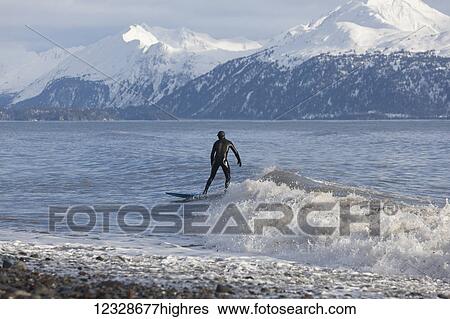 Stock Photograph - Surfer in Kachemak Bay, South-central Alaska; Homer, Alaska, United States of America. Fotosearch