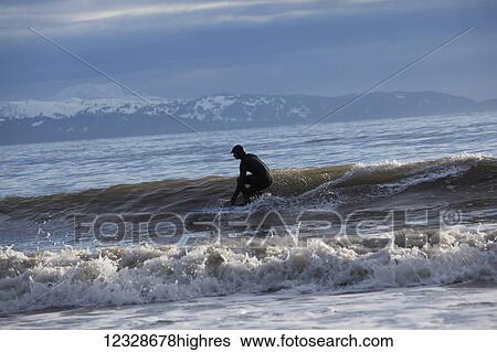Stock Photograph - Surfer in Kachemak Bay, South-central Alaska; Homer, Alaska, United States of America. Fotosearch