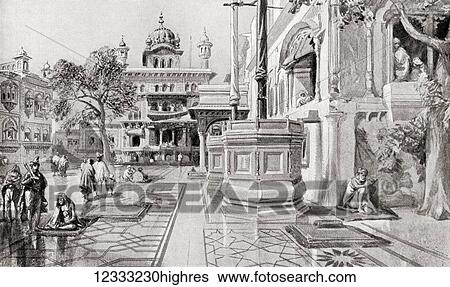 Stock Photograph - The Akal Takht or Akal Bunga, Harmandir Sahib (Golden Temple) complex, Amritsar, Punjab, India as it appeared in 1864. From Hutchinson's History of the Nations, published 1915.. Fotosearch