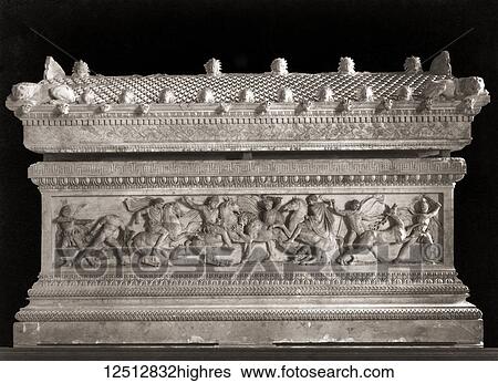 The Alexander Sarcophagus which dates from the 4th century BC. The sarcophagus, which which was discovered in Sidon, Lebanon, is made from Pentelic marble, and is adorned with bas-relief carvings of Alexander the Great in battle on one side and... View Large Photo Image Stock Photograph - The Alexander Sarcophagus which dates from the 4th century BC. The sarcophagus, which which was discovered in Sidon, Lebanon, is made from Pentelic marble, and is adorned with bas-relief carvings of Alexander the Great in battle on one side and.... Fotosearch