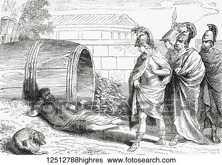 Stock Photograph - The alleged meeting between Diogenes, who was relaxing in the morning sunlight, and Alexander the Great. Alexander, thrilled to meet the famous philosopher, asked if there was any favour he might do for him. Diogenes replied, Yes, stand out of my.... Fotosearch