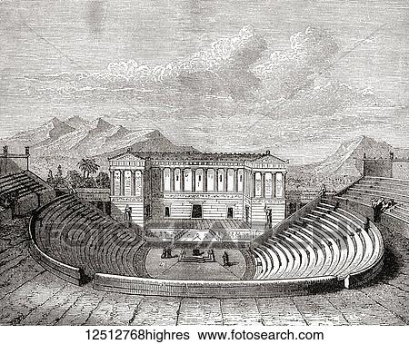 Stock Photograph - The ancient Greek theatre at Segesta, Sicily, Italy. From Ward and Lock's Illustrated History of the World, published c. 1882.. Fotosearch