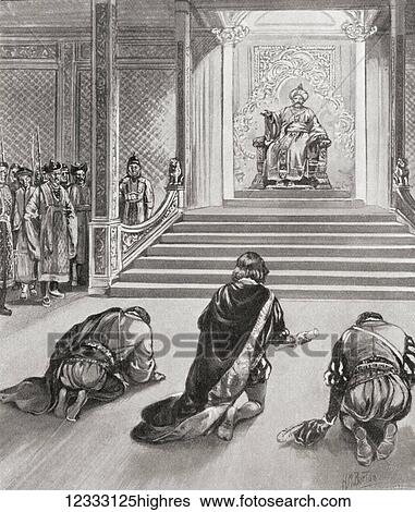 Stock Photograph - The arrival of Marco Polo at the court of Kublai Khan, China, c. 1274. Marco Polo, 1254 1324. Venetian merchant traveller. From Hutchinson's History of the Nations, published 1915.. Fotosearch