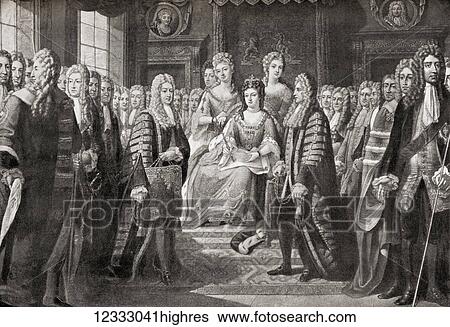 Stock Photograph - The articles of the Acts of Union between England and Scotland, which came into effect on 1 May 1707 and created the single, united kingdom of Great Britain, presented by the Commissioners to Queen Anne, 1706. Anne, 1665 1714. Queen of England,.... Fotosearch