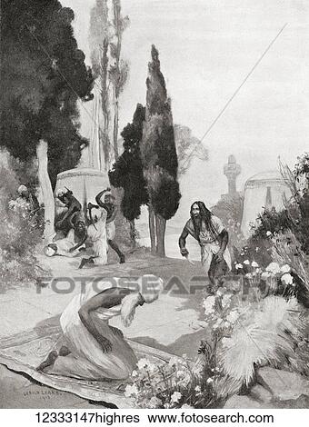 Stock Photograph - The assassination of Muhammad Ghori whilst at evening prayer, 1206. Mu'izz ad-Din Muhammad Ghori, born Shihab ad-Din, 1149 1206, aka Muhammad of Ghor. Sultan of the Ghurid Empire. From Hutchinson's History of the Nations, published 1915.. Fotosearch