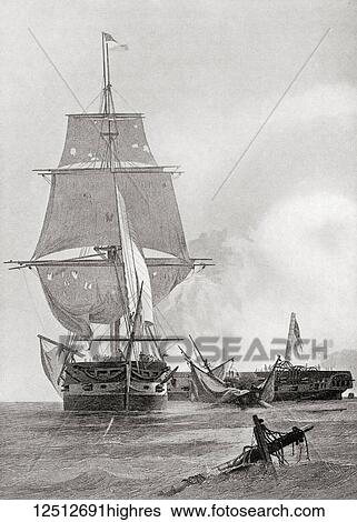 Stock Photograph - The battle between the two ships USS Constitution and HMS Guerriere during the War of 1812. From Hutchinson's History of the Nations, published 1915.. Fotosearch